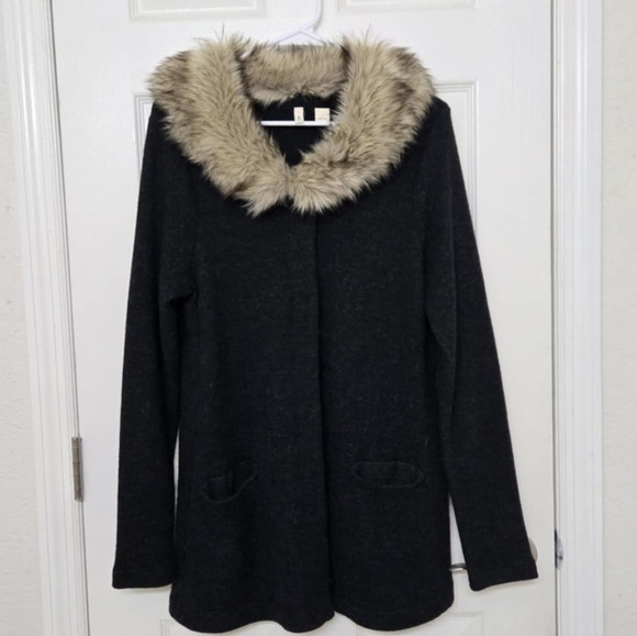 MOTH for Anthropologie heathered slate Wool sweater jacket cardigan fur collar - Picture 7 of 12